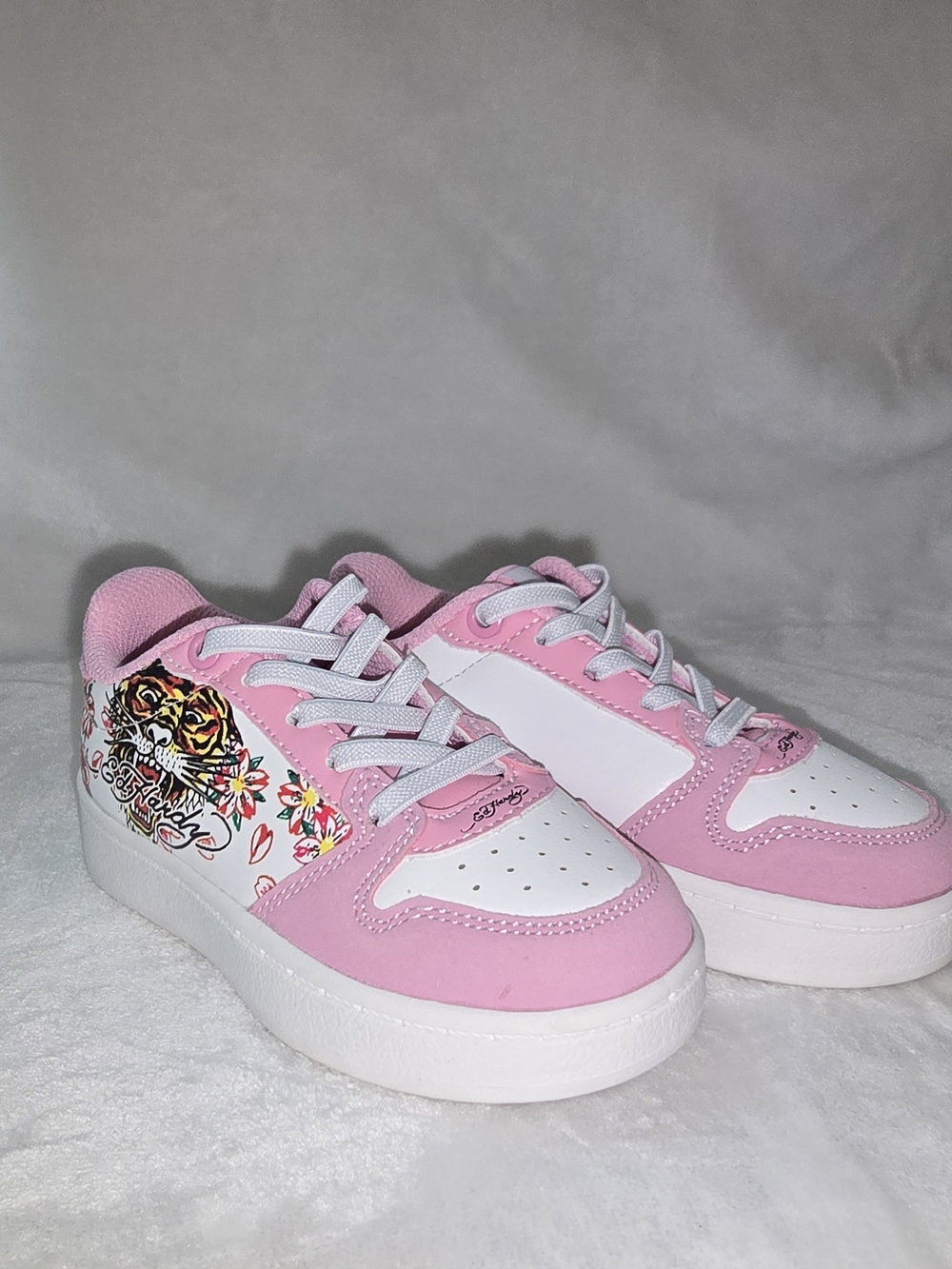 Ed Hardy Pink and White Girls Floral Tiger Sneakers